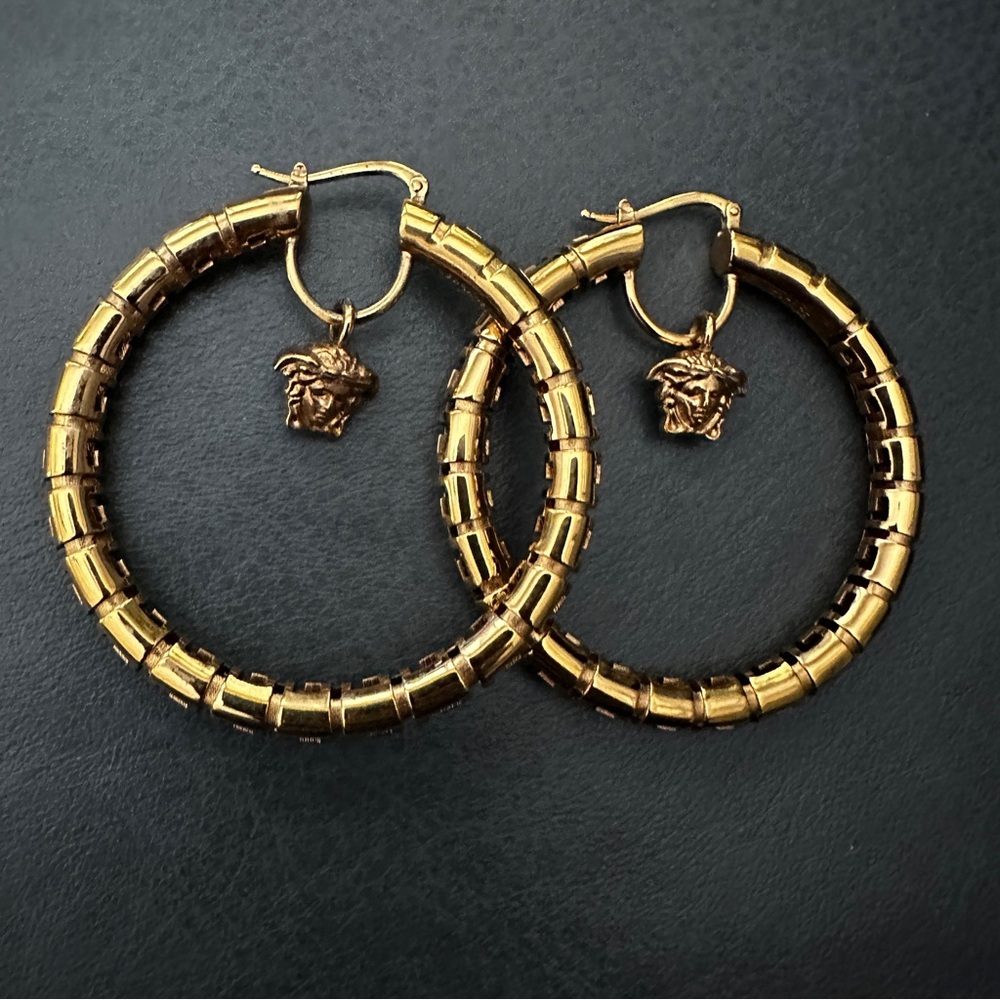 Versace Gold Greca Hoop Earrings with Medusa dangle center charm